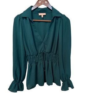 Rose and Grey Green Ruched Cinched Waist Collared Long‎ Sleeve Peplum Blouse S